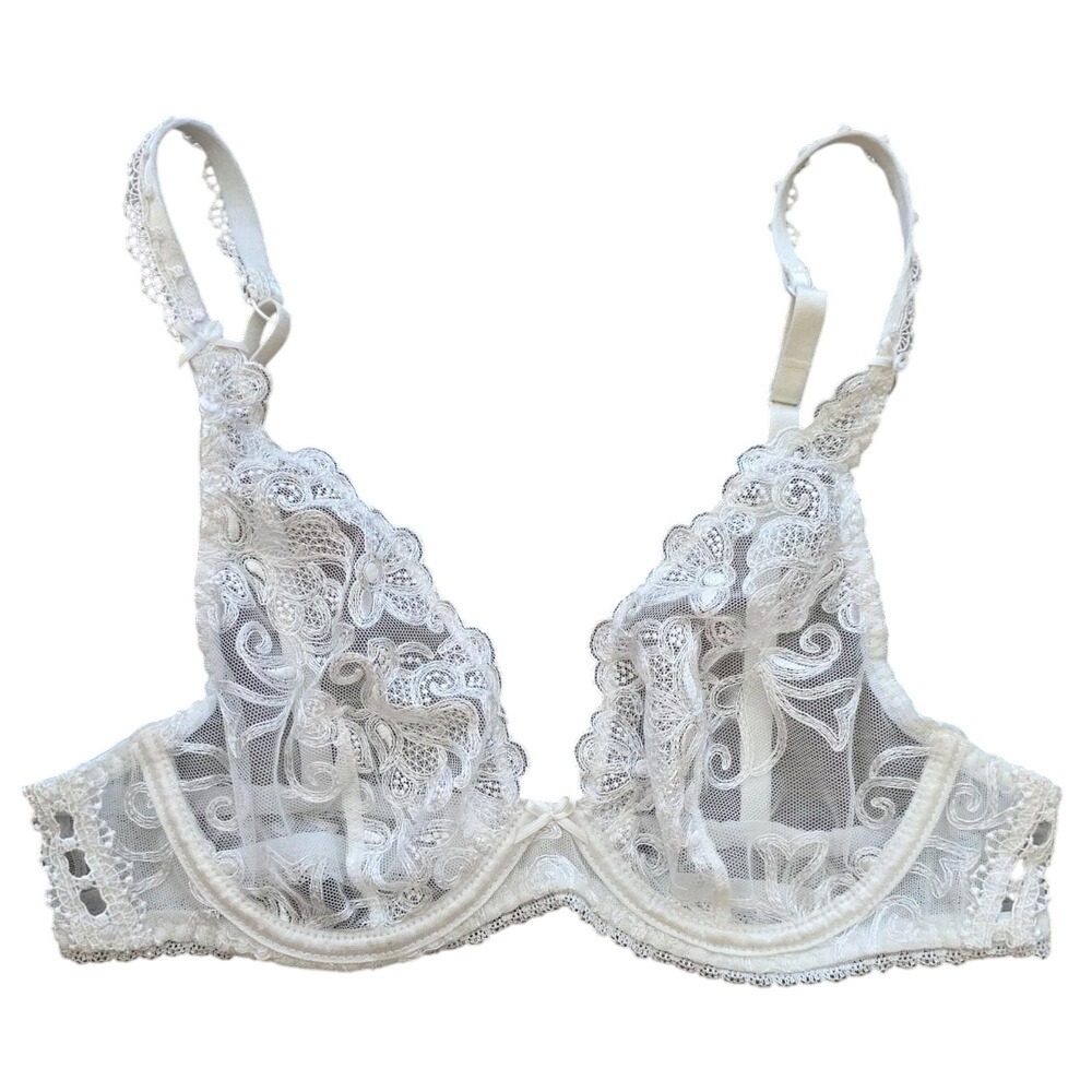 Aubade Paris Pour Toujours White Sheer Embroidered Plunge Bra 32B Luxury Lace